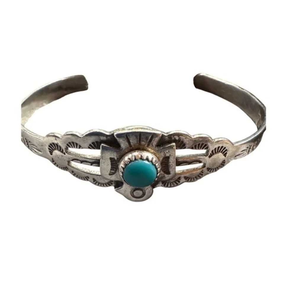Childs VTG Sterling Silver Turquoise Southwestern Native American Cuff Bracelet